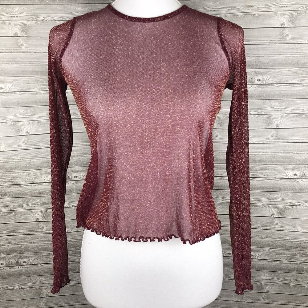 Y2K Womens Sheer Burgundy Gold Glitter Long Sleeve Top Star girl 90s READ